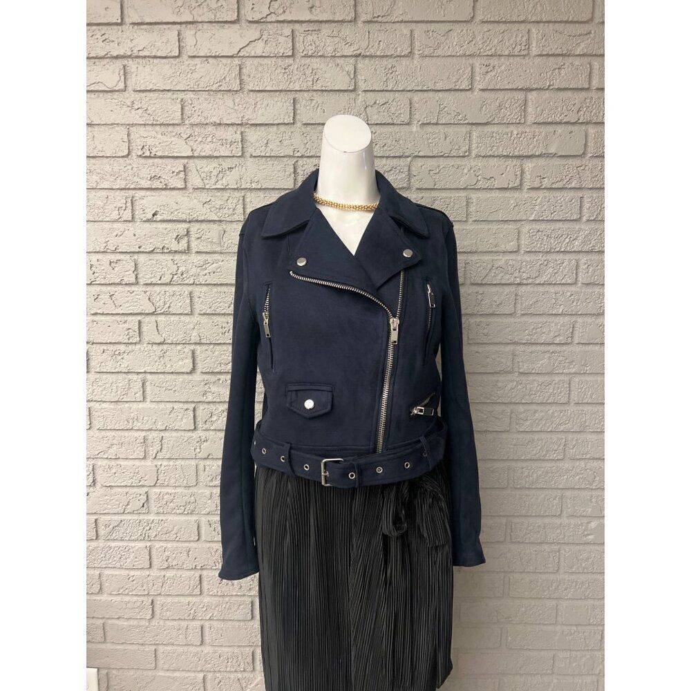 Zara Women Navy Cropped Suede Belted Biker Jacket Size M
